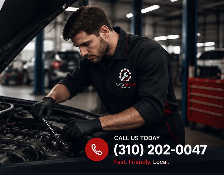 A technician working under the hood at Auto Repair Tune-Up. Call us today: (310) 202-0047. Fast, friendly, local.